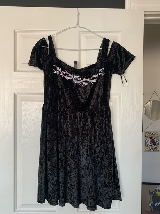 Disturbia Dresses & Skirts - Disturbia Black Crushed Velvet Off-Shoulder Mini Dress with Embroidered Trim